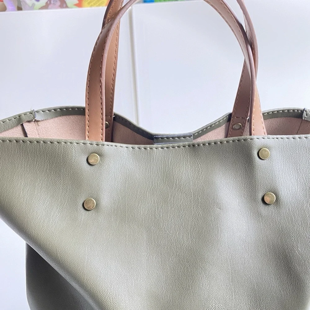 Olive Green Faux‎ Leather Tote Handbag Brown Handles Matching Shoulder Strap